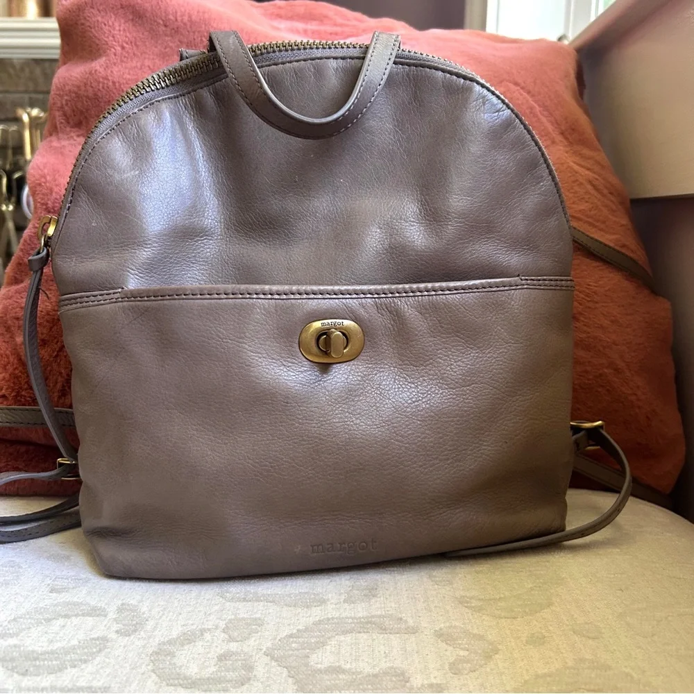 Margot Taupe Leather Backpack Bag with Brass Accent